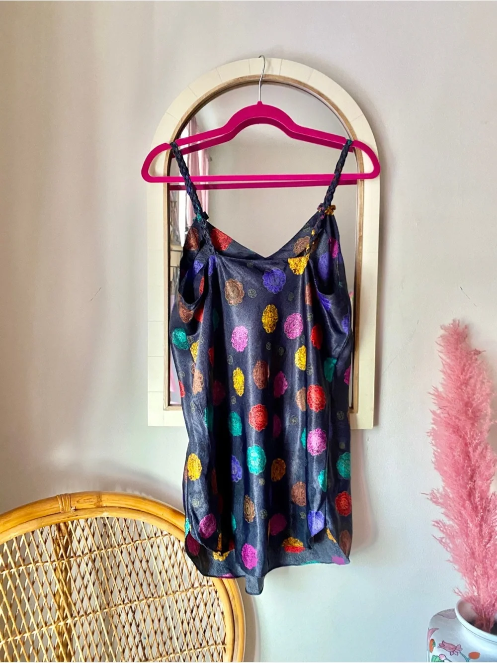 Vintage 80s 90s Black Slip Dress Chemise with Rainbow Abstract Floral Print - Picture 6 of 6